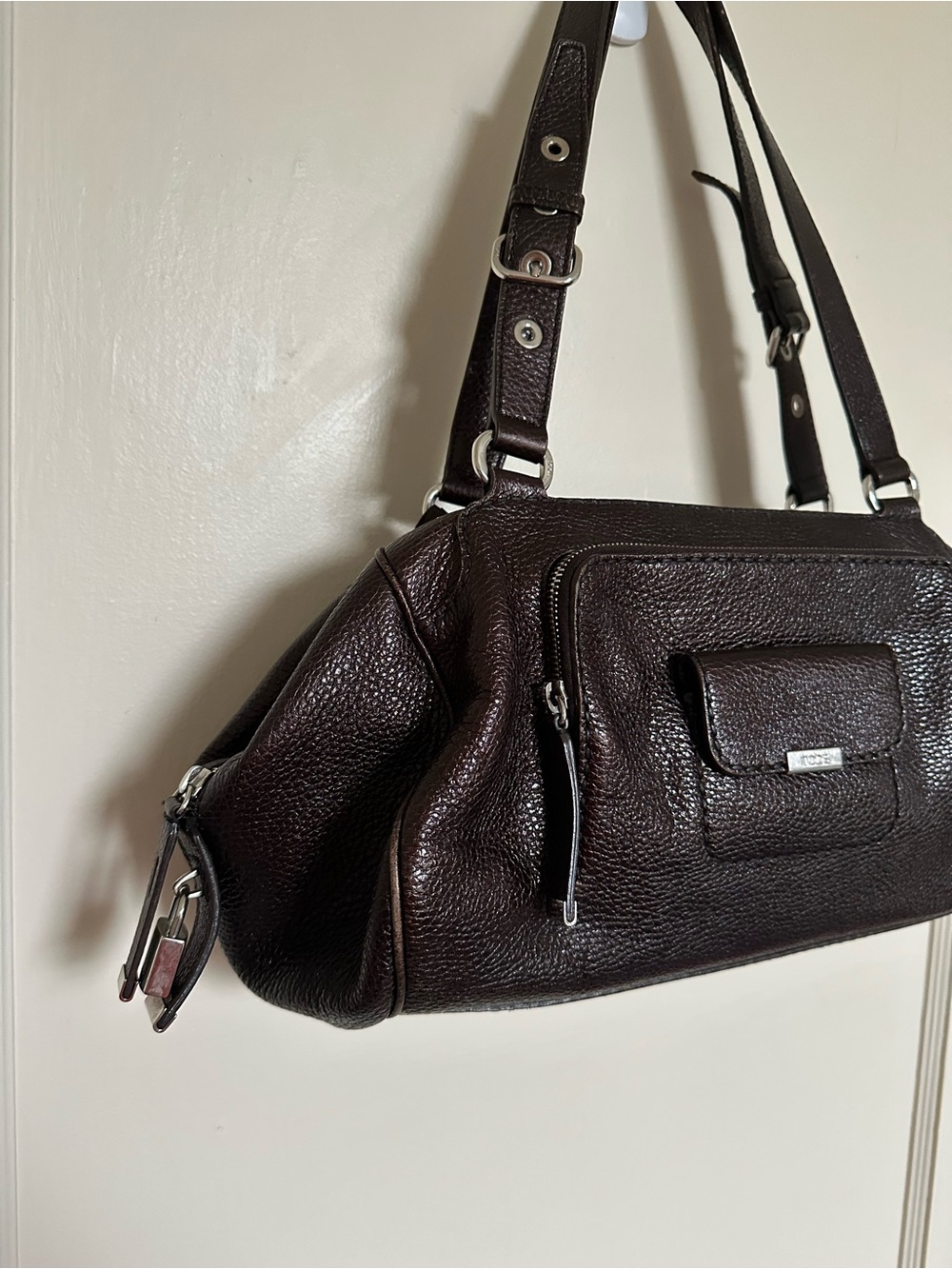 Tod's Dark Brown Pebbled Leather Padlock Shoulder Duffel Bag